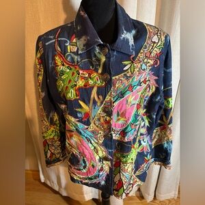 Vintage Carina colorful embroidered denim jacket.